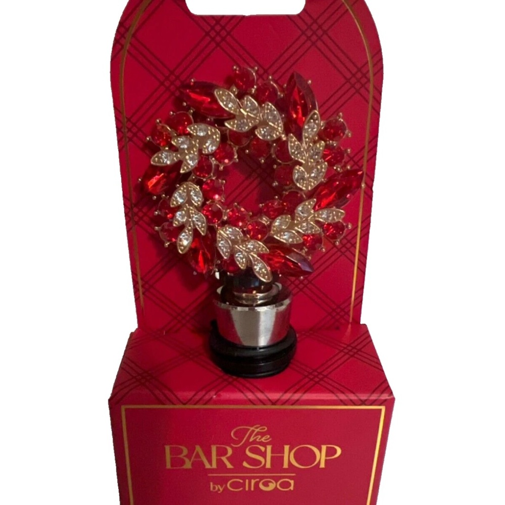 The Bar Shop Ciroa Christmas Wreath Rhinestone Bottle Stopper Clear Gold Red